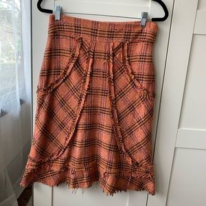 Elevenses Plaid Tweed Skirt Anthropologie size 4 raw hem orange blue brown Aline